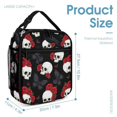Bookbag Set Daypack with Lunch Box Makeup Bags Shoulder Bags with Lunch Bag Cosmetic Bag Gothic Raven Red Rose Flowers Skull Floral (2) Backpack Set4