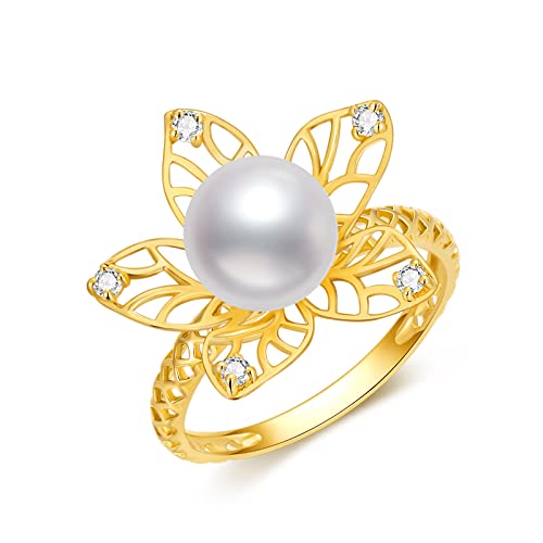14K Solid Gold Flower Ring for Women,Yellow Gold 9MM Freshwater Pearl Engagement Ring/Wedding Band/Wedding Anniversary Birthday Gifts for Her Size 5-11