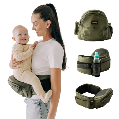 Image of Tushbaby Original Hip Seat Baby Carrier for Babies & Toddlers up to 45 lbs, Safety Certified, Lightweight No-Foam Design with Storage, Olive