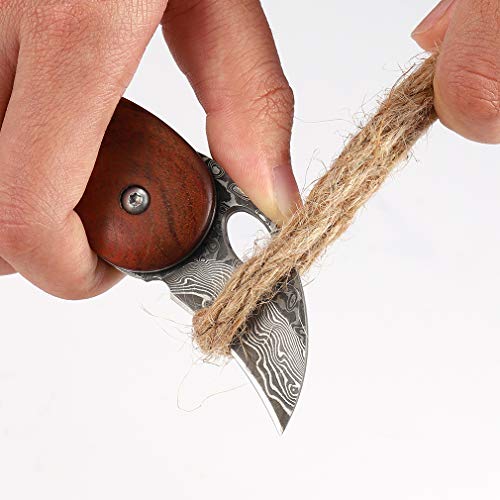 Damascus Pocket Knife, Small Folding Wood Handle EDC Knife, Blade Length: 2in