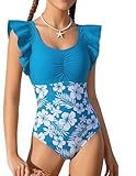 Girls Swimsuits One Piece Floral Ruffle Bathing Suits for Teens Hawaiian Beach Swimwear for Summer Vacation 9-10Y