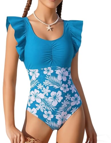 Girls Swimsuits One Piece Floral Ruffle Bathing Suits for Teens Hawaiian Beach Swimwear for Summer Vacation 9-10Y