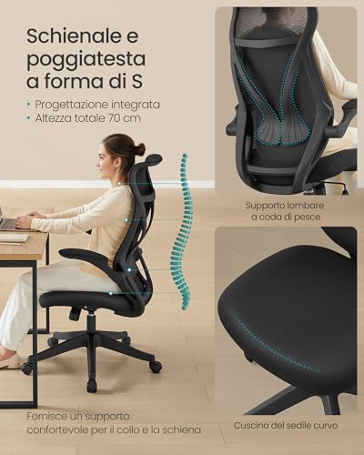 Sedia da Ufficio, Sedia da Scrivania Girevole, Schienale Ergonomico, Altezza Regolabile, Braccioli Ribaltabili, con Poggiatesta, Portata 150 kg, Nero Inchiostro OBN088B01 - Sedia gaming - Immagine 2