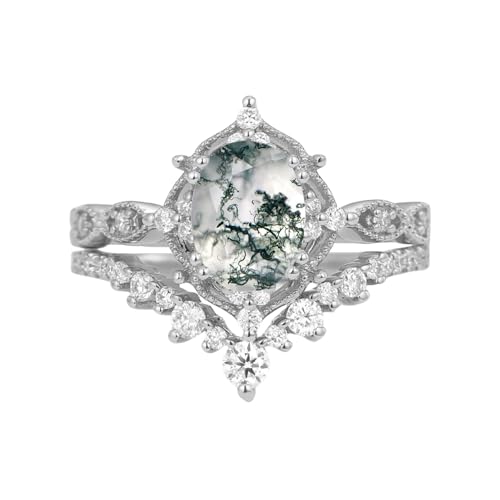 1.5 CT Oval Cut Gemstone Ring Set Moss Agate Opal Alexandrite Black Rutilated Quartz with Moissanite Engagement Rings for Women S925 10K 14K 18K Gold Wedding Bridal Set Promise for Her Free Engraving