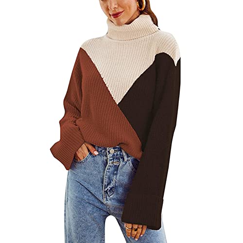 BDCUYAHSKL Automne Et Hiver DéContracté Mode Femmes Col Rond Trois Couleurs Couture GéOméTrique Contraste Pull à Manches Longues Pull Ample à Col Haut Pull Chaud Femmes Cover