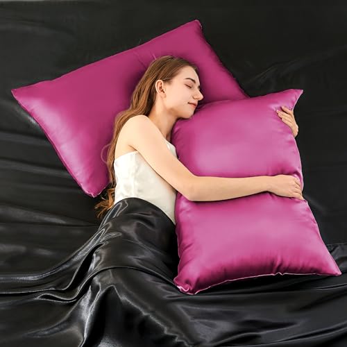 Image of INFIIXSO Silk Pillow Cases 2 Pack Standard Size, Ultra Smooth & Soft Mulberry Silk Pillow Case for Hair and Skin, Breathable Cooling Silk Pillowcase with Hidden Zipper (Hot Pink, 20x26 Inches)