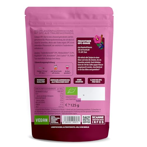 Foto von Lebepur BIO OPC Shot Pulver 500g - Traubenkernmehl mit 6300 mg OPC pro 100 g - aus biologisch angebauten Traubenkernen, fein gemahlen, für Smoothies, Shakes oder Müsli