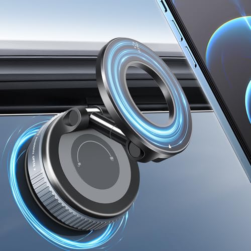 Galundge Vacuum Suction Magnetic Phone Holder 2026 Upgraded Foldable Retractable Suction Cup Car Phone Mount for Magsafe 360 Adjustable Magnetic Phone Stand for Cars/Gyms/Mirrors/Smooth Surface