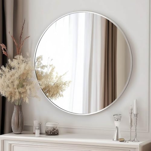 Image of Oruii Large Round Mirror, 30 inch Silver Circle Mirror, Silver Metal Frame | High Definition,Waterproof,Rust-resistant,Round Mounted Mirrors for Bathroom,Living Room,Bedroom,Hallyway,Vanity,Wall Decor