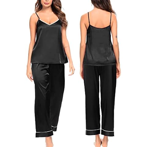SWOMOG Silk Vest Pyjamas for Women Cami Satin Pjs Ladies Sleepwear Two Piece Silky Nightwear Loungewear Set V-neck Pj Black Cover