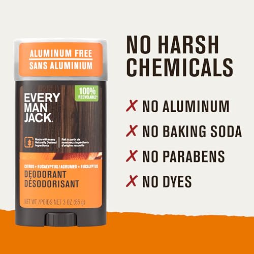 Image of Every Man Jack Citrus + Eucalyptus Men's Deodorant - Stay Fresh with Aluminum Free Deodorant For all Skin Types - Odor Crushing, Long Lasting, with Naturally Derived Ingredients - 3oz (3-Pack)