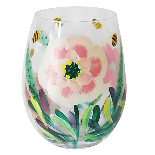 Lesser & Pavey Peonies & Bees Stemless Glass | Lovely Gift for Women & Men | Designed By Lynsey Johnstone | Luxury Wine Glass for Every Occasions