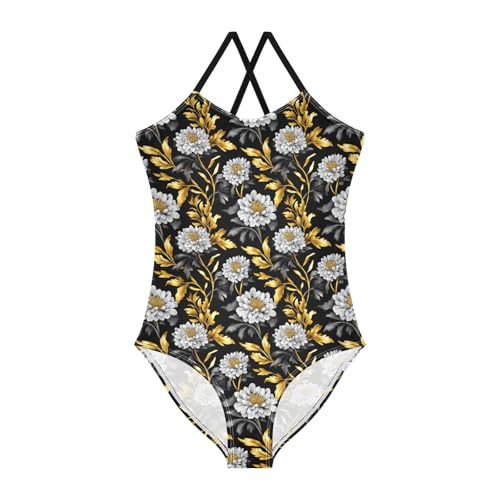 Elegant Flowers Black Girls One Piecing Swimsuit Kids Bathing Suits Swimming Suits