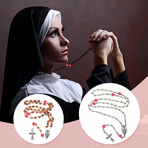Sureio 140 Pcs Rosary Making Supplies Carved Rose Beads Flower Beads Kit Cross Centerpiece Crucifix Medal, Silver Jesus Maria Pendant for Bracelet Necklace(Pink)