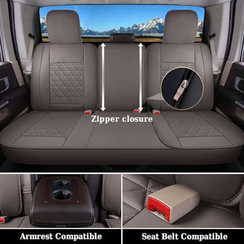Image of Coverado Leather Car Seat Covers, Waterproof Dooge Ram 1500 Seat Covers Compatible with 2002-2026 Dodge Ram 1500 2500 3500 with Flat Bench (Full Set, Coffee)