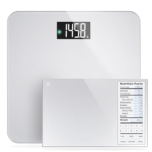 Greater Goods Bathroom Scale With Accucheck And Nutrition Facts Food Scale For Meal Prep. Designed In St. Louis. Gray cover