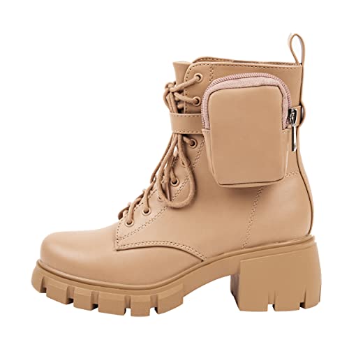 ~ POCKET ~ Platform Boots Chunky Block Heels Lug Sole Lace Up Round Toe Bootie Ankle Combat