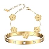 Letakle 2Pcs 18K Gold Plated Clover Bracelet Gold Stack Bracelets for Women Lucky Flower Clover Bracelets Jewelry Gold Bracelet Set Trendy Jewelry Gifts for Women