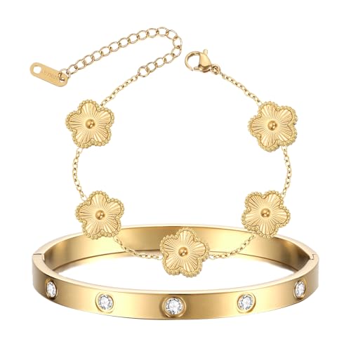 Letakle 2Pcs 18K Gold Plated Clover Bracelet Gold Stack Bracelets for Women Lucky Flower Clover Bracelets Jewelry Gold Bracelet Set Trendy Jewelry Gifts for Women