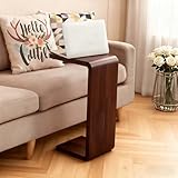 C Shaped End Table Small Side Table for Couch Walnut Sofa Table Wooden Narrow Couch Side Table Rustic C Table for Living Room Office Bedroom (Walnut)