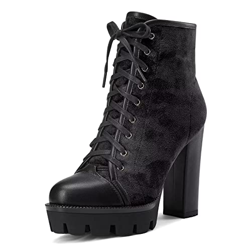 HDEUOLM Women High Chunky Block Platform Heel Round Toe Lace-up Zipper Ankle Boots Short Bootie Shoes