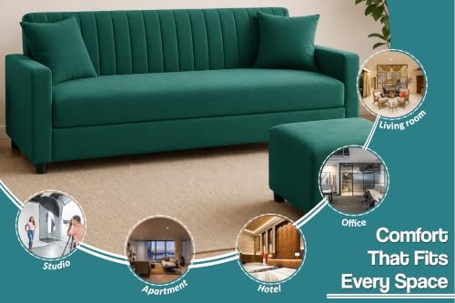 Image of 3 Seater Wooden Sofa Set with Ottoman for Living Room | Premium Velvet Fabric Wooden Frame | Modern Design | Comfortable Cushioned Sofafor Home, Office & Lounge | Green