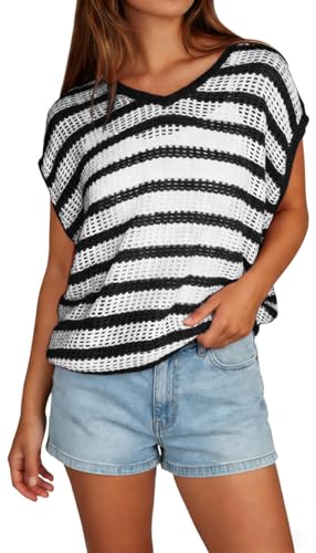 Yousify Womens Summer Crochet Tops Cap Sleeve Knit Pullover Sweater Vest V Neck Cover Ups Beach Vacation Clothes Black — view 3