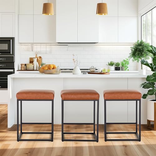 MAISON ARTS Counter Height Bar Stools Set of 3 for Kitchen Counter 24 Inch Backless Modern Barstools Industrial Upholstered Faux Leather Stools Farmhouse Island Chairs, Brown