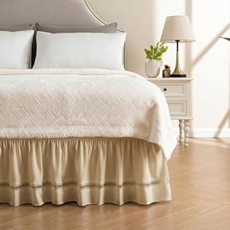 MIYE Wrap Around Ruffled Lace Bed Skirt, Elastic Dust Ruffle with Adjustable Belts, Easy to Put On, Bed Frame Cover, Machine Washable (Ruffled Lace/Cream, Full/Twin-15 Drop)