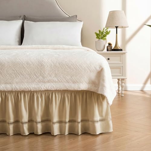 MIYE Wrap Around Ruffled Lace Bed Skirt, Elastic Dust Ruffle with Adjustable Belts, Easy to Put On, Bed Frame Cover, Machine Washable (Ruffled Lace/Cream, Full/Twin-15 Drop)