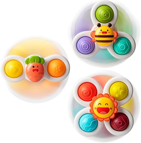 SKY-TOUCH 3PCS Suction Cup Spinner Toys for Toddlers 12M+ Pressable Baby Sensory Fidget Bath Toys Stress Relief Toys with Strong Suction for High Chair Car Window Travel Fine Motor Skills
