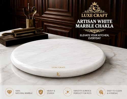 Image of Luxe Craft White Marble Chakla | Heavy Stone Roti Maker Board | Handmade Chapati Rolling Board for Kitchen | Premium Marble Roti Chakla for Chapati, Puri, Paratha & Baking Dough (10 Inch White)