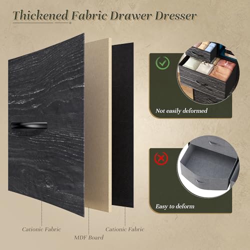 DurayLoly Dresser for Bedroom with 10 Fabric Drawers, Organizer Unit with LED Light & Charging Station, Sturdy Chest of Drawers with 2 Open Wooden Shelves for Hallway, Living Room, Dormitory (Black)