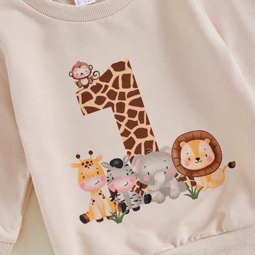 Carolilly Ensemble Animaux Bébé Garçon Costume Anniversaire Vêtement Nouveau-né 2pcs Sweat + Pantalon Tenue d'anniversaire pour Automne Hiver (Beige Thème Jungle Safari, 6-12 Mois)