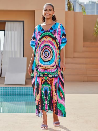 Image of KECVOT Kaftan Dresses for Women V-Neck Print Swimsuit Cover Up Plus Size Beach Caftan Lounge Dress