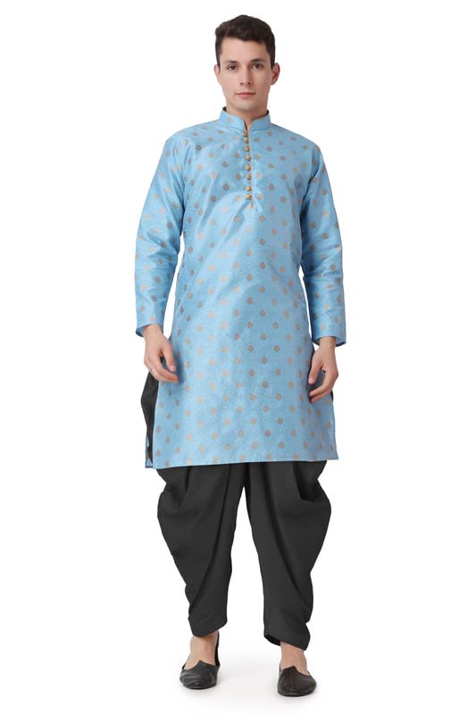 Kurta larga Firozi con estampado jacquard de seda y salwar negro: diseño y frescura