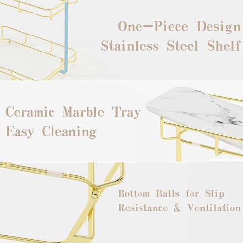 Image of Bathroom Organizer Countertop Perfume Organizer Makeup Organizer Cosmetics Storage Display Rack Vanity Tray Dresser Stainless Steel Gold Shelf White Marble Ceramic Tray