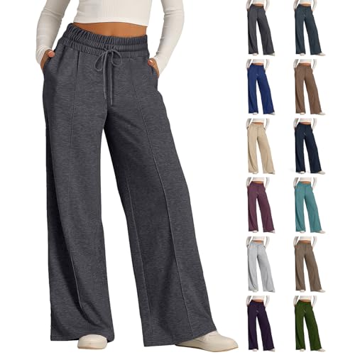 chaktkglok Wide Leg Sweatpants Baggy Elastic High Waisted Sweatpants Drawstring Pants Grey Oversized Comfy Loose Joggers with Pockets Womens Lounge Pants