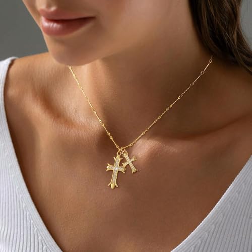 Cross Necklace 14K Gold/Silver Plated Double Cross Pendant Necklace Dainty Diamond Big Cross Charm Link Chain Choker Delicate Faith Jewelry2