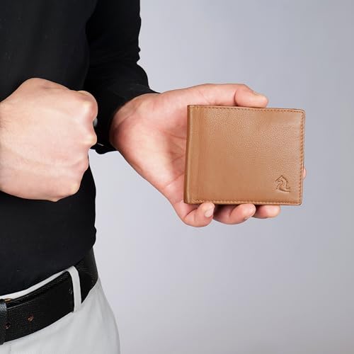 Image of KARA Tan Men's Genuine Leather Wallet - Bifold, 2 Cash Compartments, Coin Pocket, 10+ Card Slots, Hidden & Transparent Flip Sections