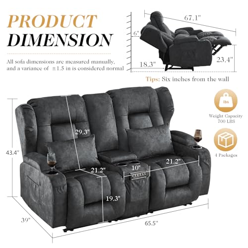 Image of Loveseat Recliner Sofa with Console,RV Wall Hugger Recliners for Small Spaces,Reclining Loveseat Sofa Recliner with Cup Holders /Lumbar Pillows,RV Furniture (Velvet Gray, 66 inch 2-Seater)