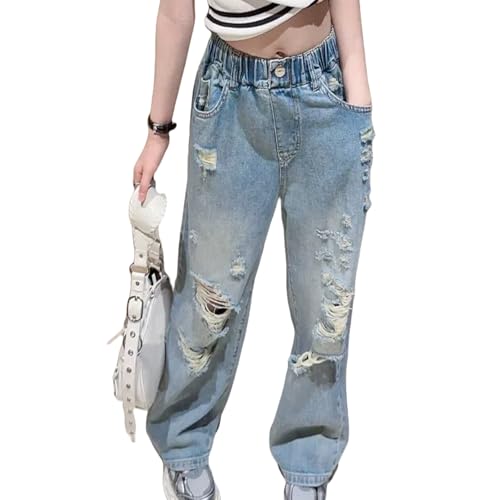 Girls Wide Leg Ripped Jeans Kids Baggy Elastic Waist Washed Denim Pants 5-14 Years