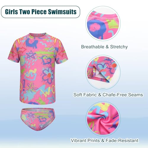 Image of Girls Two Piece Swimsuits Short Sleeve Rash Guard Swim Shirt Bikini Bottom Swim Set Bathing Swim Set Swimwear 3-16 Years