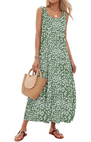 Image of WNEEDU Women's Boho Scoop Neck Sleeveless Summer Maxi Dress with Pockets | Soft Breathable Fabric,Casual Beach Vacation Sundresses for Hawaiian,Graduate Travel,Swing Loose Tank Long Dress,Daily Wear