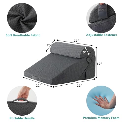 Bedluxe Adjustable 4pcs Bed Wedge Pillow Set, Memory Foam Wedge Pillow Post Surgery for Back, Neck, Leg Pain Relief, Pillow Wedge for Sleeping, Sitting up in Bed, Acid Reflux and GERD, Dark Grey