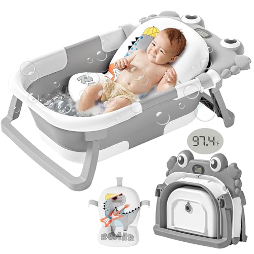 Image of Collapsible Baby Bathtub for Newborn with Soft Floating Cushion & Thermometer Perfect Portable Travel Baby Bath Tub for 0-36 Month Infants to Toddler Boy (Gray)