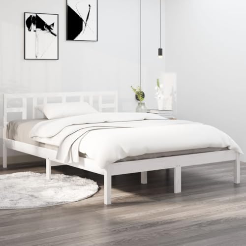 AJJHUUKI Muebles de exterior - Marco de cama sin colchón, color blanco, 135 x 190 cm, muebles dobles de madera maciza