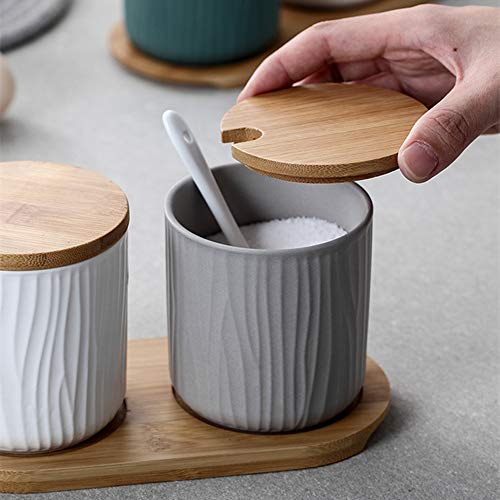 OnePine 2er Set Keramik Gewürzdosen Zuckerdose Keramik Zucker Schüssel mit Löffel und Bambus Deckel für Tee Zucker Salz Gewürze Bei Zuhause… – Ansicht 6