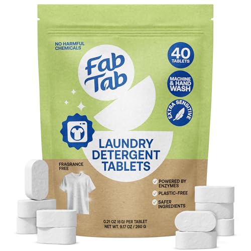 Fab Tab Laundry Detergent Tablets, Clean Ingredients, Sensitive Skin Friendly, Powerful & Gentle Clean, Unscented, Plastic-Free Alternative to Liquids, Laundry Pods and Sheets, 40 Count.