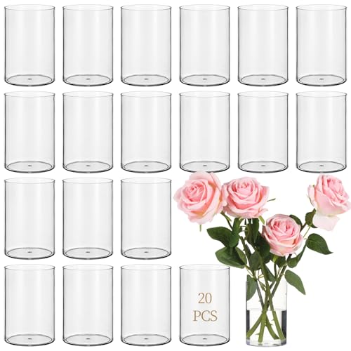 Lot de 20 vases cylindriques en plastique transparent, 7,1 x 10,2 cm, petits vases pour arrangements floraux, vases transparents réutilisables pour centres de...